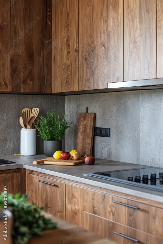 interior of modern kitchen with wooden wall and grey countertop. interior of modern kitchen with wooden wall and grey countertop.