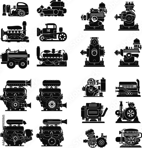 A detailed set of black and white vector illustrations showcasing various types of engines and machinery. The images feature different engine designs, mechanical components, and industrial equipment, 