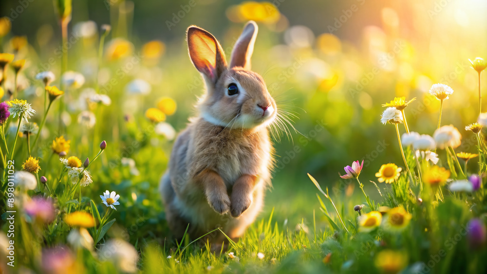 Adorable fluffy rabbit hops happily in lush green meadow surrounded by vibrant wildflowers on sunny day, showcasing gentle innocence and serene natural beauty. Adorable fluffy rabbit hops happily in lush green meadow surrounded by vibrant wildflowers on sunny day, showcasing gentle innocence and serene natural beauty.