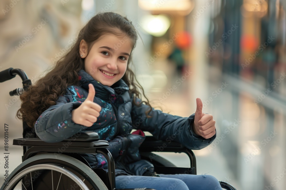 Smiling young girl in a wheelchair giving thumbs up in a brightly lit ...