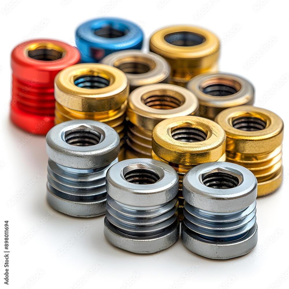 A collection of colorful, metal threaded inserts, including gold, silver, blue, and red, arranged neatly, Ideal for manufacturing, engineering, technology, or industrial-themed projects, A collection of colorful, metal threaded inserts, including gold, silver, blue, and red, arranged neatly, Ideal for manufacturing, engineering, technology, or industrial-themed projects,