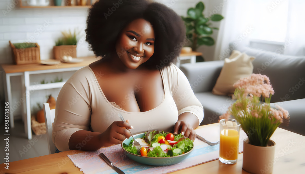 A beautiful curvy African woman is sitting at her dining table, enjoying a healthy lunch. A beautiful curvy African woman is sitting at her dining table, enjoying a healthy lunch.
