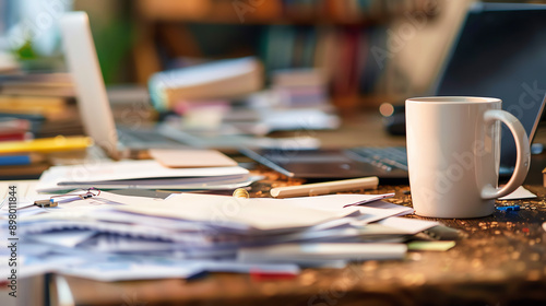 A Messy Desk With Papers, Laptops, and a Mug of Coffee