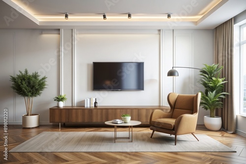 Wallpaper Mural Modern living room interior with a sleek TV wall mounted on a minimalist white wall above a stylish armchair, surrounded by empty space, 3D rendered. Torontodigital.ca