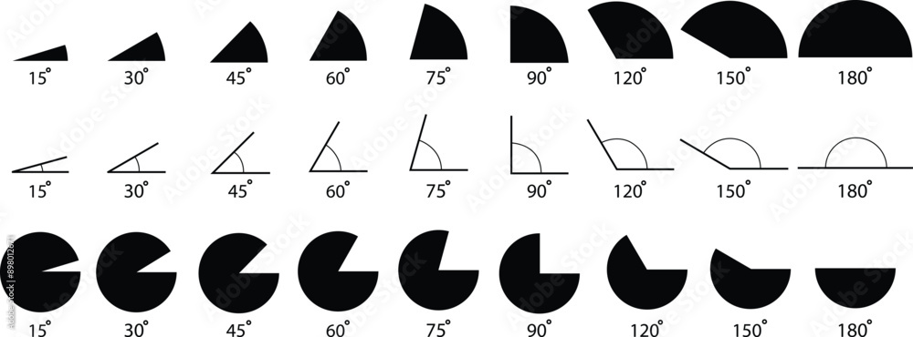 Set of Angle icons. 15, 30, 45, 60, 75, 90, 120, 150, 180 degree ...