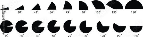 Set of Angle icons. 15, 30, 45, 60, 75, 90, 120, 150, 180 degree measures. Math geometric flat designs elements. Trigonometry template. Degree of arc and pie chart isolated on transparent background.