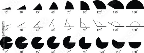 Set of Angle icons. 15, 30, 45, 60, 75, 90, 120, 150, 180 degree measures. Math geometric flat, linear elements. Trigonometry template. Degree of arc and pie chart isolated on transparent background.