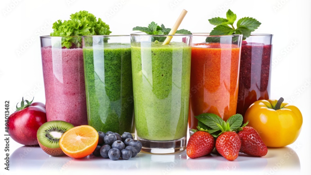 Colorful arrangement of four refreshing healthy smoothies made with fresh fruits and vegetables, artfully isolated on a clean white background, visually appealing. Colorful arrangement of four refreshing healthy smoothies made with fresh fruits and vegetables, artfully isolated on a clean white background, visually appealing.