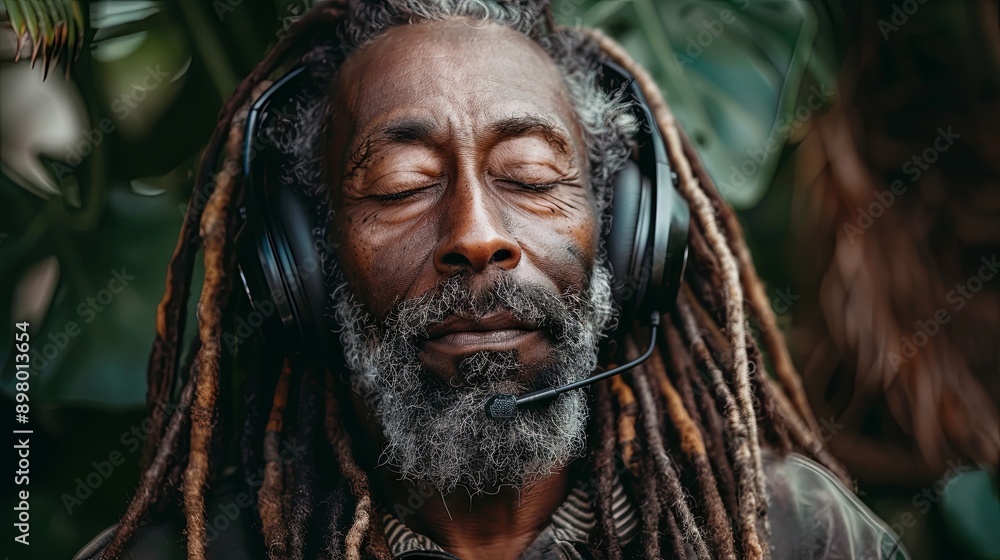 Portrait of a mature man with dreadlocks and headphones, eyes closed, enjoying music Portrait of a mature man with dreadlocks and headphones, eyes closed, enjoying music