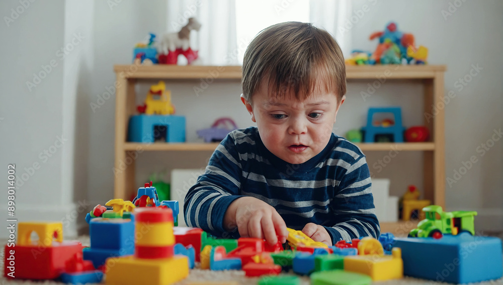 Fototapeta premium A focused boy with Down syndrome, playing with vibrant building blocks in a well-organized room.