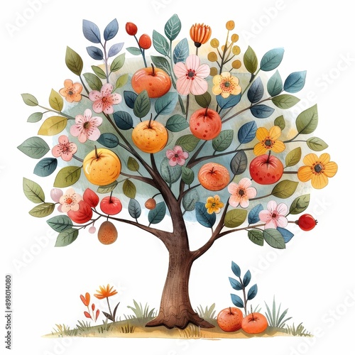 Watercolor illustration of a vibrant tree with colorful fruits and flowers, perfect for nature-themed designs. photo