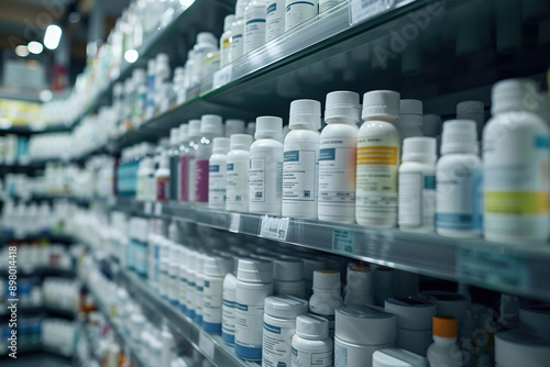 Medicines are on the shelves in the pharmacy. Generated by artificial intelligence