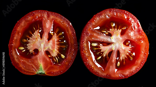 Freshly Sliced TomatoA Vibrant Display of Juicy Red Flesh and Glistening Seeds Against a Dramatic Black Background photo