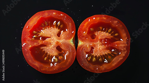 Vibrant FreshnessA High-Resolution Close-Up of a Perfectly Sliced Tomato Against a Solid Black Background photo