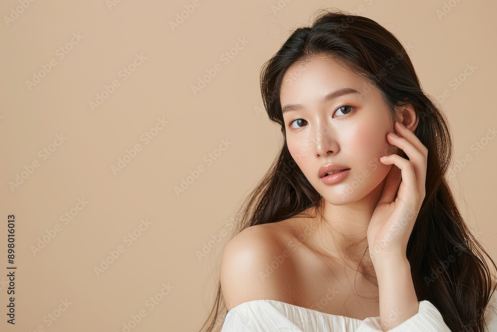 Young Asian beauty woman long hair with korean makeup style on face and perfect skin on isolated beige background. Facial treatment, Cosmetology, plastic surgery - generative ai Young Asian beauty woman long hair with korean makeup style on face and perfect skin on isolated beige background. Facial treatment, Cosmetology, plastic surgery - generative ai