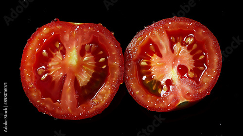 Vibrant FreshnessA High-Resolution Close-Up of a Juicy Sliced Tomato on a Sleek Black BackgroundShowcasing Its Rich Red Flesh and Intricate Textures photo