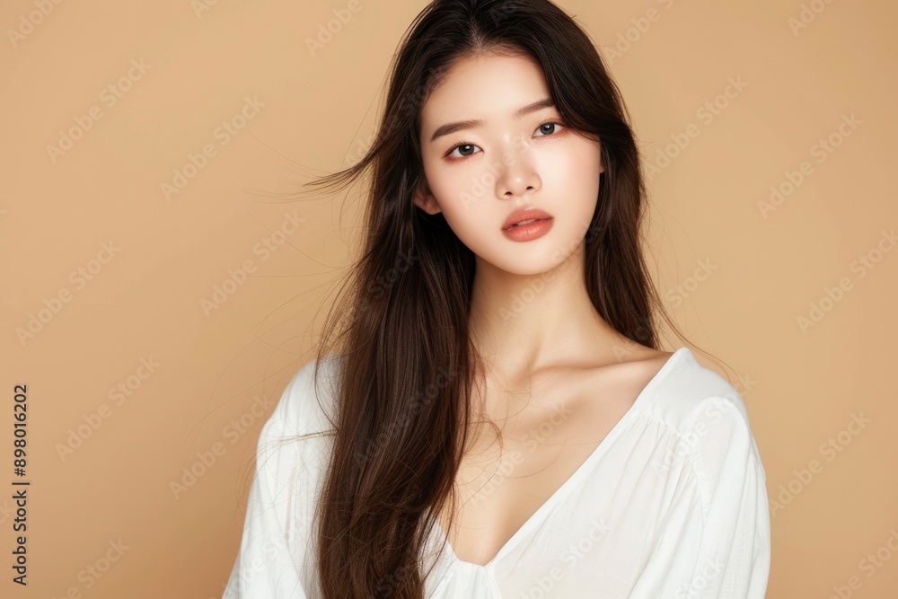 Young Asian beauty woman long hair with korean makeup style on face and perfect skin on isolated beige background. Facial treatment, Cosmetology, plastic surgery - generative ai Young Asian beauty woman long hair with korean makeup style on face and perfect skin on isolated beige background. Facial treatment, Cosmetology, plastic surgery - generative ai