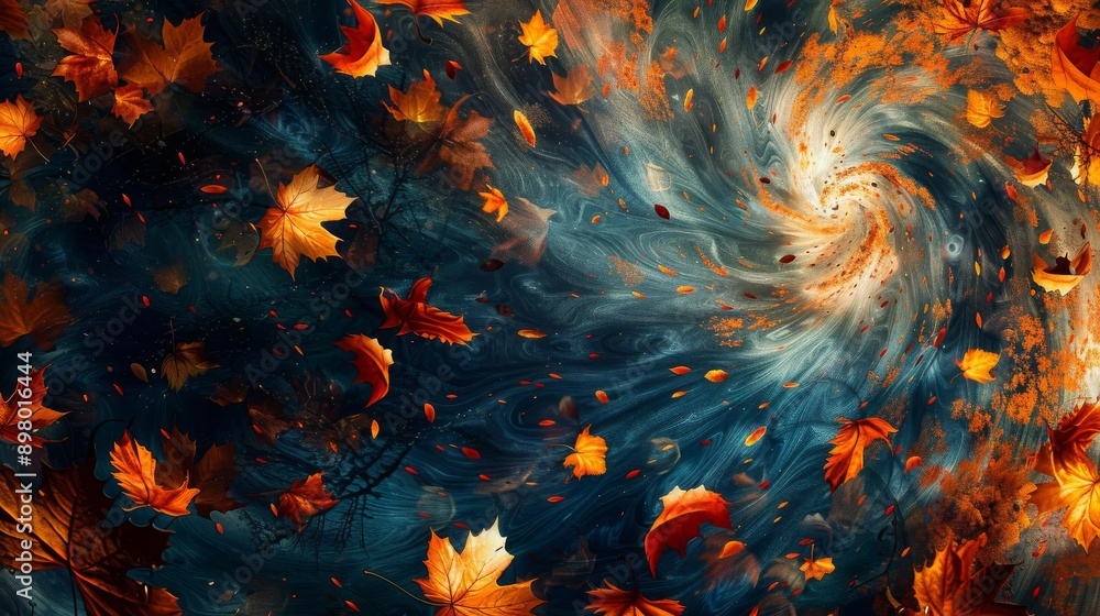 Obraz premium Swirling fall leaves in rich autumn colors, creating a dynamic and captivating scene, seasonal movement concept