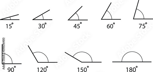 Set of Angle icons. 15, 30, 45, 60, 75, 90, 120, 150, 180 degree measures. Math geometric linear designs element. Trigonometry template. Degree of arc and pie chart isolated on transparent background.