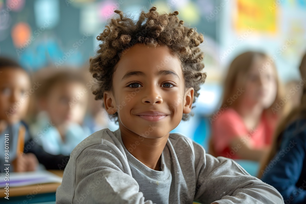 Smiling Young Boy Sitting at Desk in Elementary Classroom Smiling Young Boy Sitting at Desk in Elementary Classroom