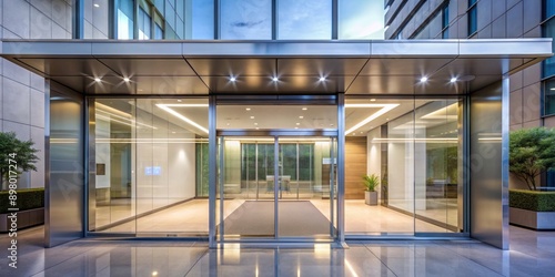 Modern glass sliding doors lead to a serene private hospital clinic entrance with sleek metal handles and subtle ambient lighting beneath a minimalist canopy. photo