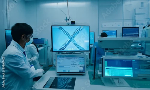 DNA Analysis Interface Monitors, Futuristic Laboratory, scientist working in laboratory, DNA research. DNA helix turning into particles video footage,