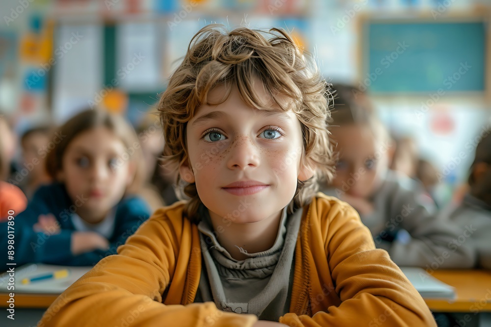 Young Boy Sitting at Desk in Elementary School Classroom Young Boy Sitting at Desk in Elementary School Classroom