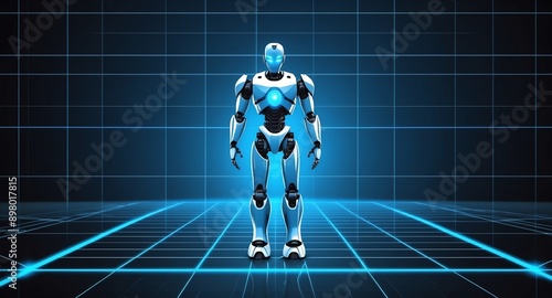 blue hologram robot humanoid projection grid technolog technology abstract background with copy space