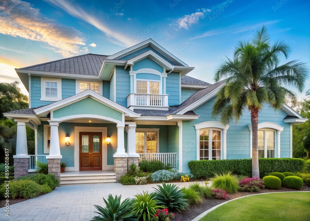 Serene light blue stucco exterior home blends with lush surroundings, accentuated by crisp white trim, evoking a fresh and coastal-inspired ambiance of tranquility and elegance. Serene light blue stucco exterior home blends with lush surroundings, accentuated by crisp white trim, evoking a fresh and coastal-inspired ambiance of tranquility and elegance.