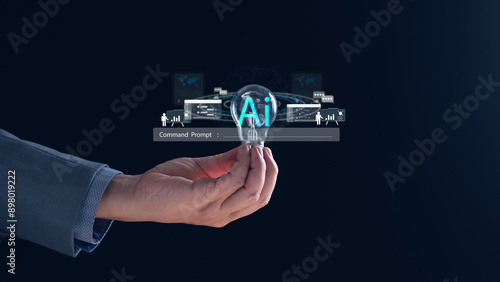 AI tech. businessman holding a lightbulb displaying AI and command prompt holograms, symbolizing innovation and technology. accessibility of data, databases