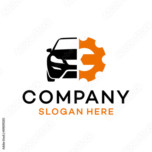 Autoparts in gear, auto piston, spark plug and wrench, logo design. Automotive parts, automobile detail