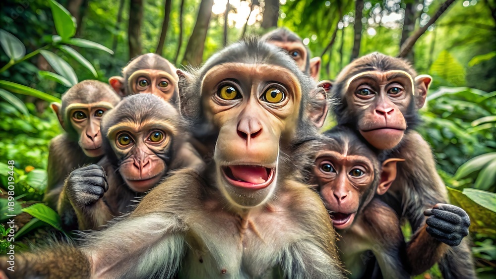 Adorable curious monkeys interact with smartphone, making funny faces ...