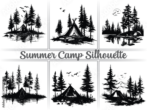 Camping tent silhouette, Tourist mountains tent vector silhouette. The scene depicts a peaceful couple, serene and in love, with their tents.