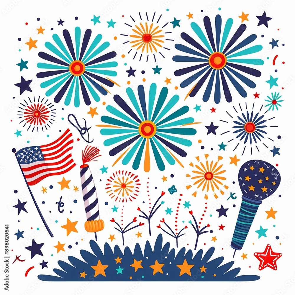 Fototapeta premium Festive fireworks with American flag and decorations. Colorful explosion patterns for patriotic celebrations and events.