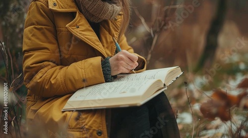 A person in a yellow coat writes in a journal outdoors, expressing thoughts. Their hands hold a pen and an open book in a natural, muted setting.