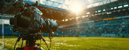 Camera Set Up to Film Soccer Match at Stadium, Empty Stands Soon to Be Full of Fans, Large Field in Front, Sunny Daylight Atmosphere