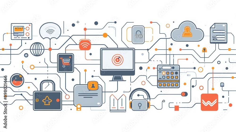 Flat illustration of a modern tech setup with abstract icons representing cloud computing and cybersecurity. The design includes sleek devices and network lines with ample copy space for text or Flat illustration of a modern tech setup with abstract icons representing cloud computing and cybersecurity. The design includes sleek devices and network lines with ample copy space for text or