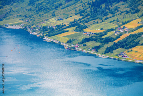 Aerial view from Hoven Mount of Innvikfjorden. Innvikfjorden seashore nature background. Olden, Norway, Europe photo