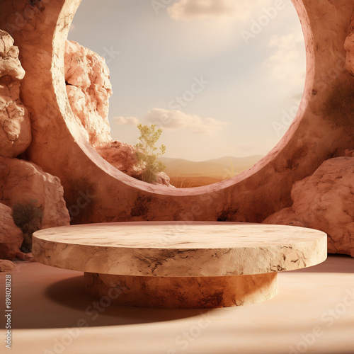 A round stone podium in a rocky setting with a circular opening, warm light, and distant hills. A small plant adds greenery. The scene is tranquil.