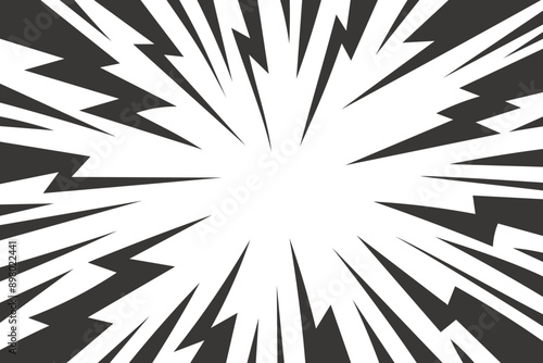 Cartoon comic background with lightning burst effect. Vector manga graphic with flash and abstract thunder. Energy explosion frame with electric light. Radial perspective monochrome beams