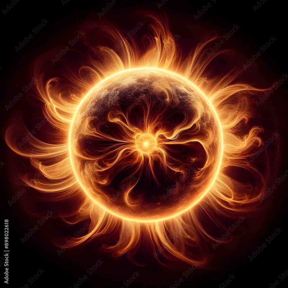 Artistic depiction of the sun with bold, wavy rays on a pitch-black canvas. Artistic depiction of the sun with bold, wavy rays on a pitch-black canvas.