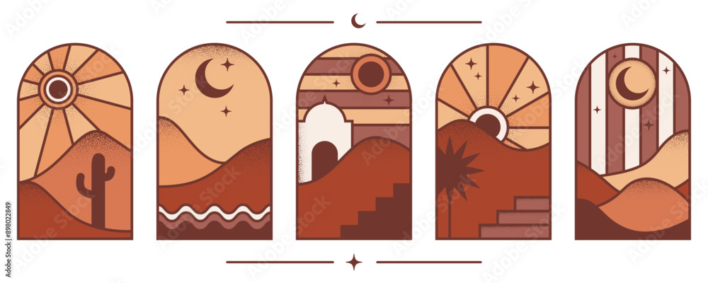 Desert boho logo with mountain and sun landscape. Bohemian valley with moon and cactus. Abstract textured aesthetic design set. Vector arc with aurora. Travel graphic decoration. Desert boho logo with mountain and sun landscape. Bohemian valley with moon and cactus. Abstract textured aesthetic design set. Vector arc with aurora. Travel graphic decoration.