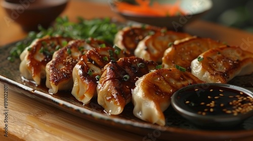A close-up of golden-brown pan-fried pork dumplings on a dark plate, served with a small dish of soy sauce and sesame seeds.