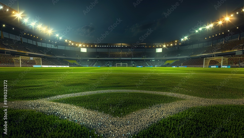 Soccer Stadium at Night with Lights on the Field, Wide Angle View, Photorealistic High Resolution, Cinematic and Hyper Realistic Professional Photograph Soccer Stadium at Night with Lights on the Field, Wide Angle View, Photorealistic High Resolution, Cinematic and Hyper Realistic Professional Photograph