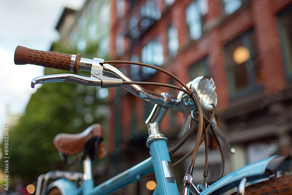 A blue bicycle with a brown handlebar and a brown seat A blue bicycle with a brown handlebar and a brown seat