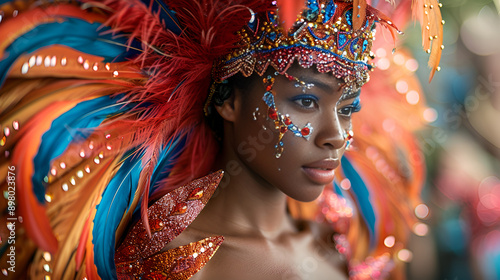 Woman in Bright Feathers and Artistic Face Paint