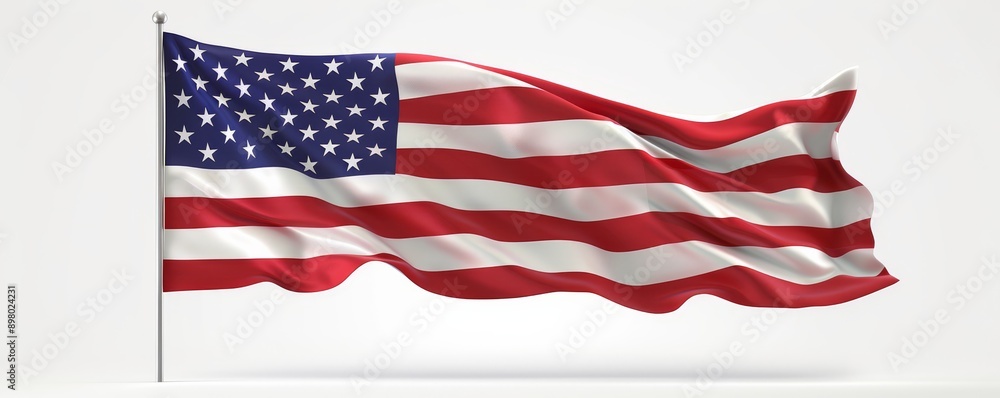 Waving American flag with red, white, and blue colors on a white background representing patriotism and national pride. Waving American flag with red, white, and blue colors on a white background representing patriotism and national pride.