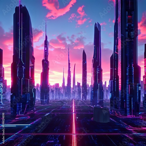 a digital print of a futuristic cityscape featuring sleek skyscr photo