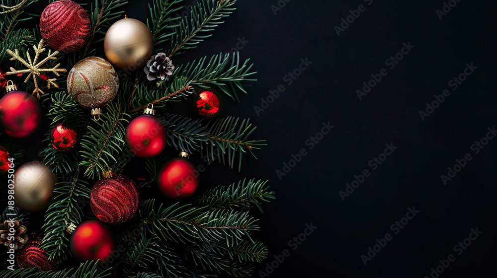 Christmas tree branches with red and golden baubles on black background. Christmas tree branches with red and golden baubles on black background.