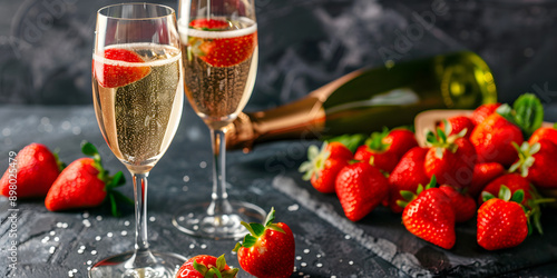 Sparkling champagne accompanied by strawberries photo